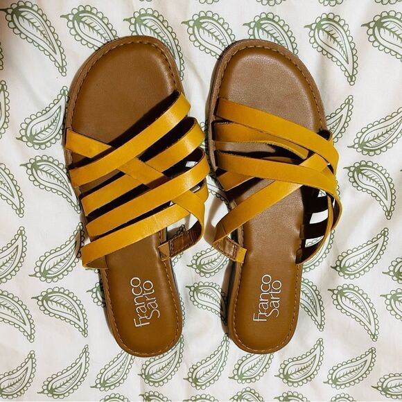 Franco Sarto Graceleigh Mustard Yellow Strappy Sandals Pull On Slides 8 - Picture 6 of 14